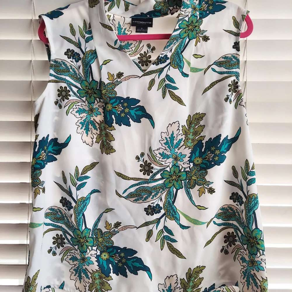 Liz Claiborne Career Sleeveless Floral Blouse Medium Blue Green Teal Flowy Top - Picture 2 of 5